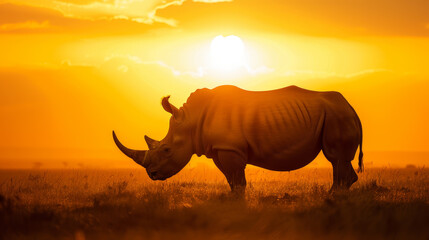 Fototapeta premium A rhino is walking in a field with the sun setting in the background