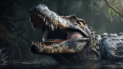 Obraz premium Close-Up of a Prehistoric Crocodile in a Dark, Misty Swamp