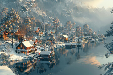 A snow-covered village glistens in the morning light, reflecting winter&rsquo;s charm. Concept of seasonal weather and serene landscapes. Generative Ai.