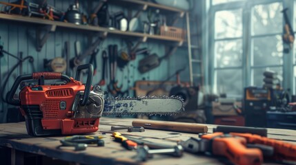 Fototapeta premium Modern Chainsaw on Workbench in Professional Workshop with Various Tools
