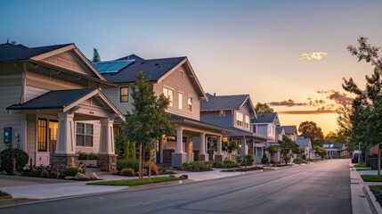 Fototapeta premium A soft light of dawn illuminating a sandy beige Craftsman style house in a tranquil suburban setting, the streets empty and bathed in early morning light.