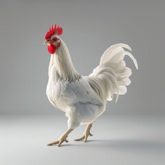 Fototapeta premium White Rooster Walking on a Gray Background