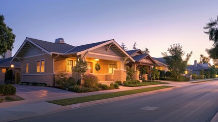 Naklejka premium A tranquil early morning scene with a sandy beige Craftsman style house under the soft light of dawn, suburban streets quiet and empty.