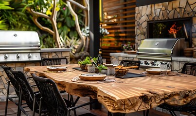 Al Fresco Dining, BBQ grill in a backyard setting with a rustic wooden table, inviting for outdoor meals