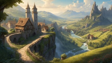 Fototapeta premium Fantastic castle landscape in realism style