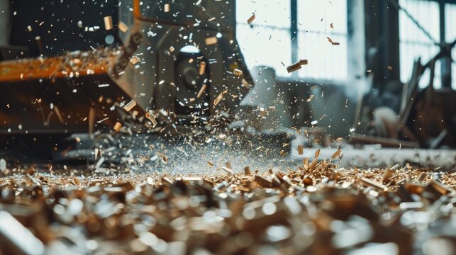 Metal shavings and dust in workshop without people vertical shot with empty space