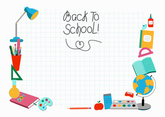 Frame Stationery, accessories for study, school. Hand lettering Back to school. Checkered geometric background. Sheet of school notebook. Set of supplies for study, education. Place for text.