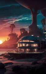 Mesmerizing Photo of Futuristic Coastal Motel on Alien Planet at Sunset with Vibrant Hues and Alien Forest