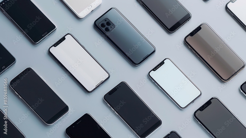Poster an image featuring multiple smartphones arranged in different angles on a light grey surface, showca