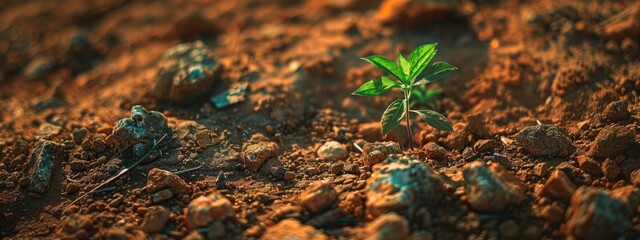 close up of a small seedling on dry ground. Selective focus