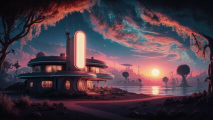 Mesmerizing Photo of Futuristic Coastal Motel on Alien Planet at Sunset with Vibrant Hues and Alien Forest