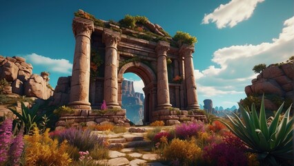 Obraz premium Landscape fantasy game art ancient city in the mountains