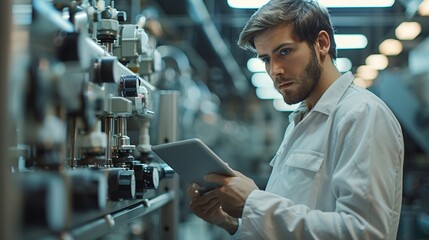 Male engineer in factory with tablet