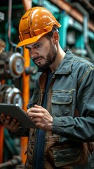 Male engineer in factory with tablet