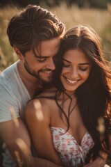Fototapeta premium A young man with a beard and a smiling woman with long dark hair hugging in a field, she is in a floral dress, he is in a casual t-shirt, daylight, waist-up shot