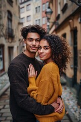 Fototapeta premium A young couple with curly hair, smiling and standing in an urban setting, she is in a yellow sweater, he is in a dark brown sweater, morning light, minimalistic background, waist-up photo