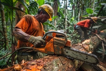 Eco-Friendly Logging: Workers Using Biofuel Chainsaws in a Lush Forest Setting