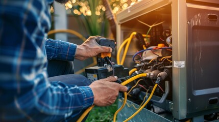 Technician Installing Gasoline Generator for Emergency Home Use - Professional and Careful Connection
