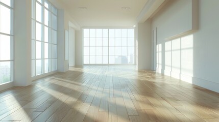 Empty Room with Large Window and Wood Floor