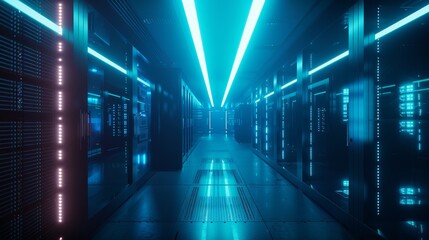 Fototapeta premium Futuristic Server Room Corridor with Blue Neon Lights