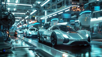 Futuristic Car Assembly Line - Concept Car Production - 3D Render