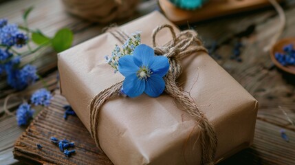 Craft packaged gift with rope bow and blue flower decoration for eco friendly summer holiday wrapping Ecology themed postcard close up with selective focus