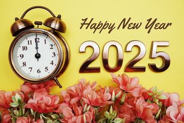 Happy New Year 2025 text with alarmclock and flower decoration on yellow background