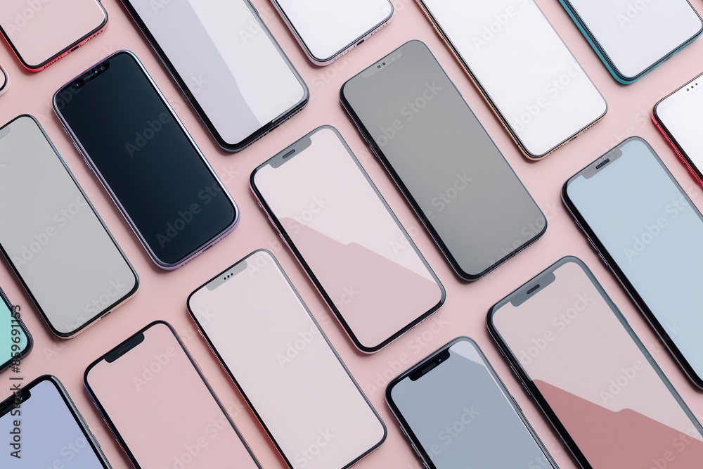 Poster an assortment of modern smartphones in various positions on a pink background. ideal for showcasing 