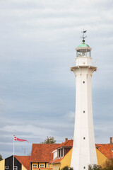 Old white octagonal lighthouse in Ronne town on the island Bornholm, Denmark.