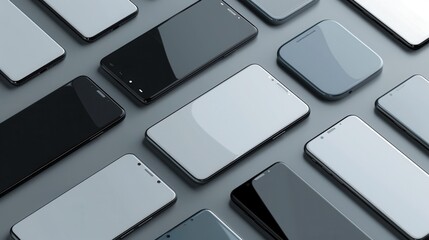 A flat lay image featuring several modern smartphones arranged in different angles on a gray surface. Perfect for showcasing mobile technology or smartphone accessories. Generative AI