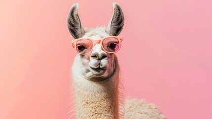 Obraz premium Llama in Pink Sunglasses on a Pink Background