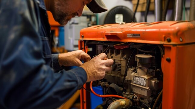 Technician Conducting Routine Maintenance on Gasoline Generator for Optimal Performance