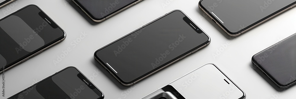 Poster an overhead shot of several modern smartphones arranged at different angles on a white surface. gene