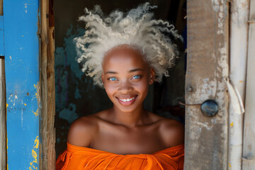 Portrait of a woman with white hair and blue eyes smiling while standing in a doorway