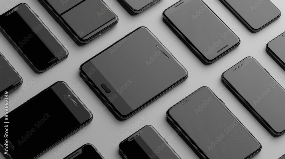 Aufkleber modern smartphones displayed in different angles on a grey background, perfect for showcasing design
