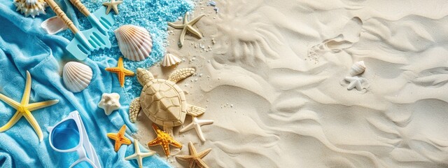 Naklejka premium sand beach shells glasses hat top view. Selective focus