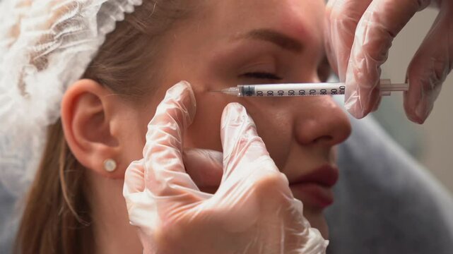 Beautician doctor makes botulinum toxin injection in the forehead of young beautiful woman. Close up 4k shot