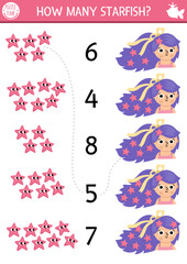 Match the numbers mermaid game with princess and starfish in her hair. Fairytale ocean kingdom math activity for preschool kids. Marine educational counting worksheet with head accessory, decoration.