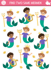 Find two same mermen. Fairytale ocean kingdom matching activity for children. Marine educational quiz worksheet for kids for attention skills. Simple printable game with cute sea prince.