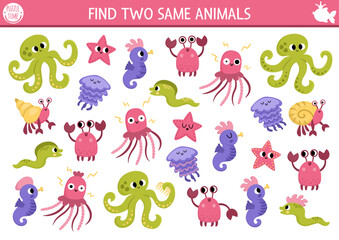 Obraz premium Find two same water animals. Fairytale ocean kingdom matching activity for children. Marine educational quiz worksheet for kids. Simple printable game with crab, jellyfish, starfish, octopus.