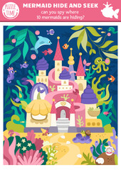 Vector mermaid searching game with fairytale ocean kingdom landscape and palace. Spot hidden princess tails in the picture. Simple marine seek and find educational printable activity for kids.