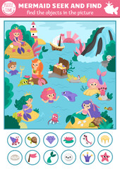 Mermaid vector searching game with sea lagoon landscape. Spot hidden objects. Simple fantasy, fairytale ocean kingdom seek and find printable activity for kids with waterfall, dolphin, jellyfish.
