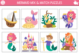 Fototapeta premium Vector mermaid mix and match puzzle with cute sea princess. Matching fairytale ocean kingdom activity for preschool kids. Marine educational printable game with merman, ship, palace, seahorse, anchor.