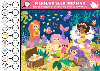 Obraz premium Vector mermaid searching game with fairytale ocean kingdom landscape. Spot hidden objects in the picture and say how many. Fantasy seek and find counting educational printable activity for kids.