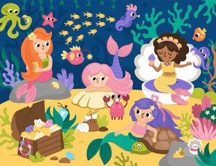 Vector landscape illustration with mermaid friends. Ocean or sea kingdom scene with seaweeds, seahorse, marine princess, treasure chest, crab. Cute square fairytale background for kids.