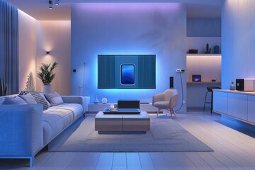 A hightech minimalist living room featuring smart furniture with builtin wireless charging