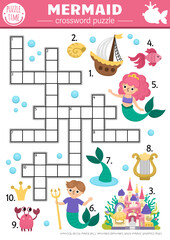 Vector mermaid crossword puzzle for kids. Marine quiz with merman, ship, palace, fish, crab for children. Cute ocean fairytale kingdom educational cross word activity with sea princess.