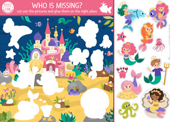 Vector mermaid cut and glue activity. Crafting game with cute underwater kingdom landscape. Fun marine printable worksheet for children. Find the right piece of the puzzle. Complete the picture.