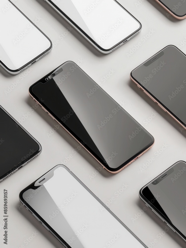 Leinwandbilder A flat lay of several modern smartphones arranged at different angles on a white surface. Generative AI