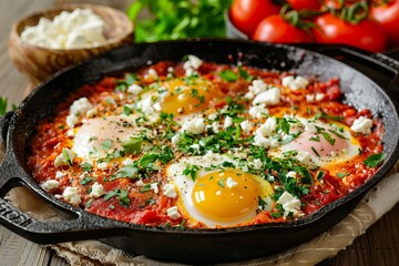 A rustic cast iron skillet filled with vibrant shakshuka